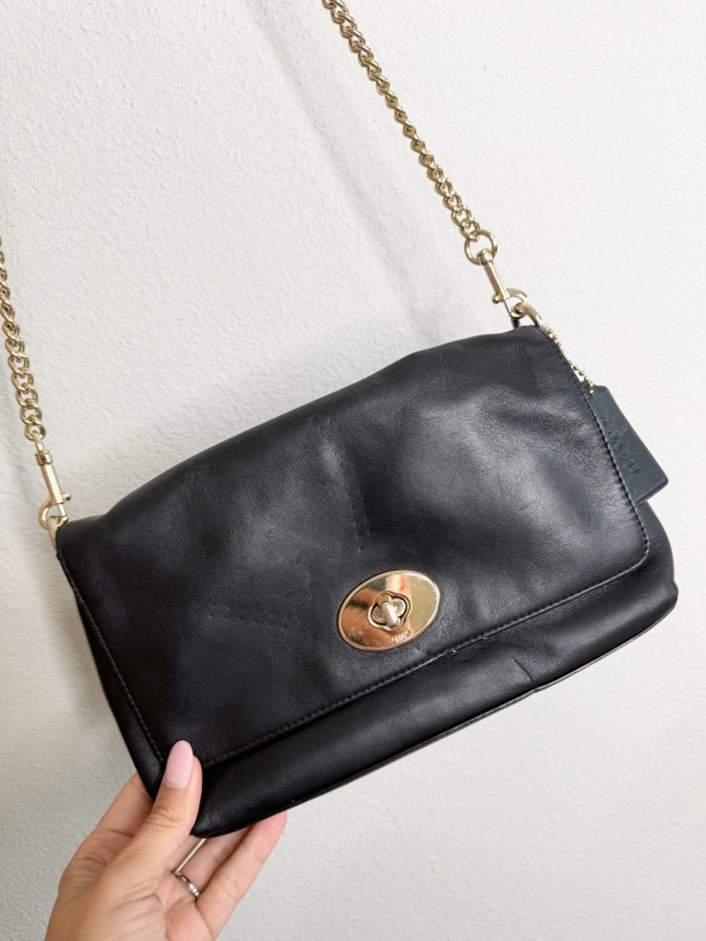 Coach Black Leather Turn Lock Crossbody Bag Gold Chain Strap